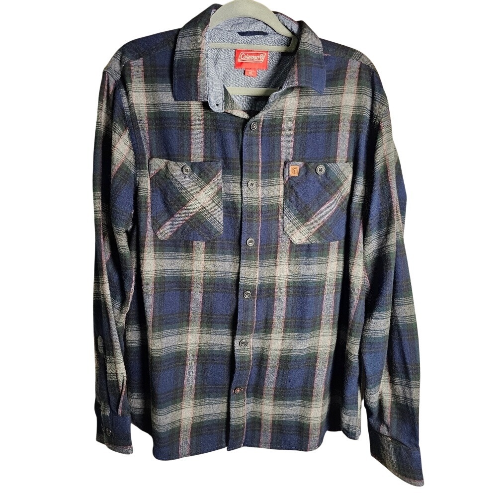 Coleman 100% Cotton Plaid Flannel Blue Unisex size XL  Coleman Leather Logo